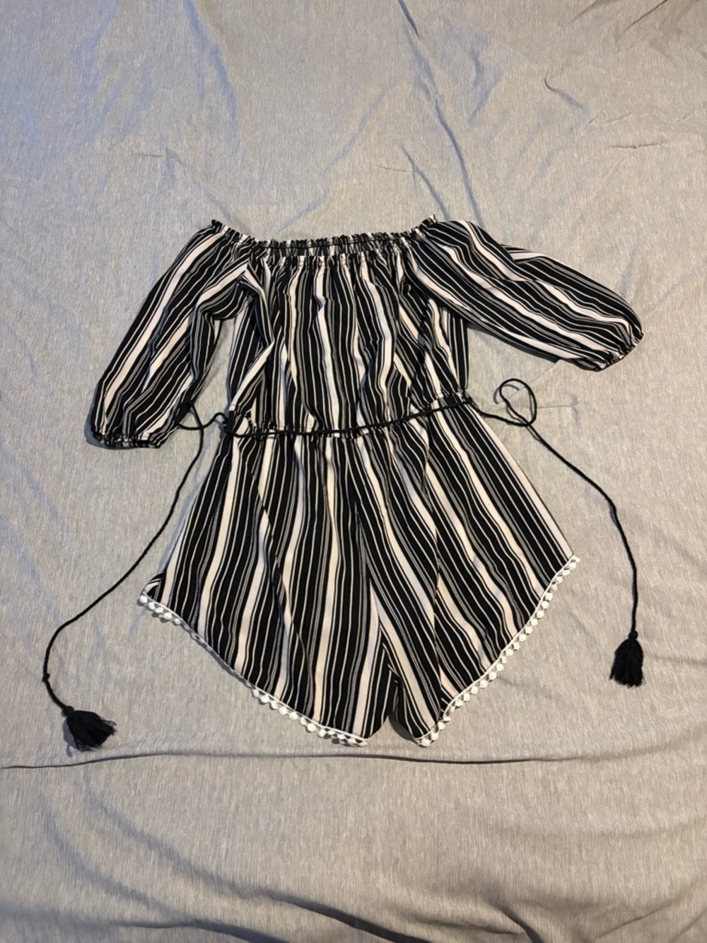 Striped Off-Shoulder Romper in Black & White